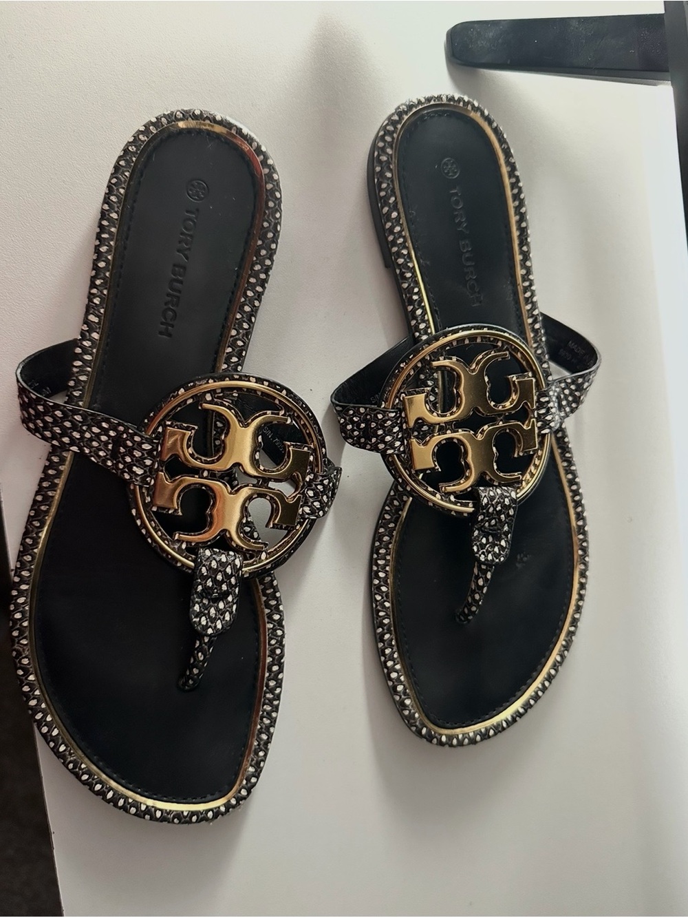 Tory Burch Black Sandal with Gold Logo Medallion and Studded Trim